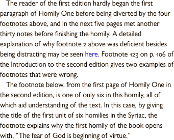 GIF Text that explains that Homily 1 of first edition had 34 footnotes to distract the reader, but second edition has fewer, and only those that help comprehension